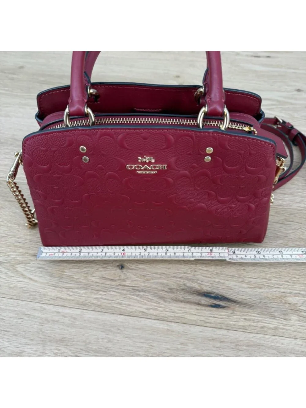 Coach Mini Lillie Carryall Satchel Bag Purse Cherry Red Embossed Leather C7278